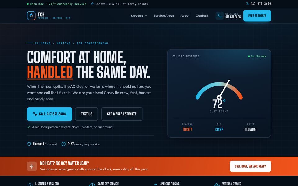 Home page of the TCB Plumbing, Heating and Air website on a desktop screen