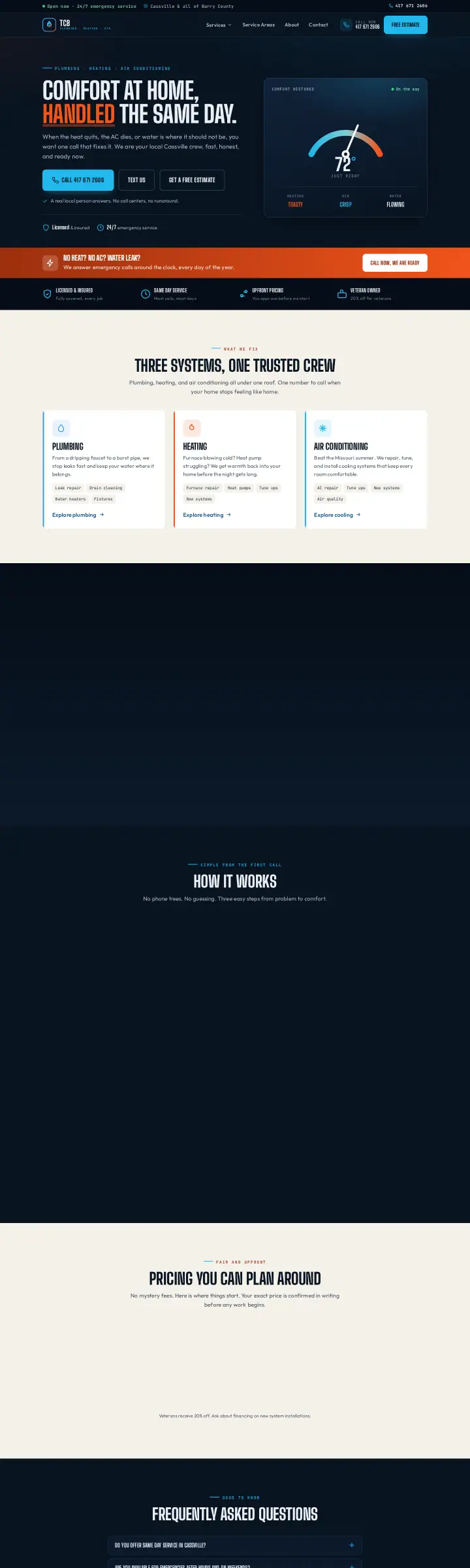 Home page of the TCB Plumbing, Heating and Air website shown as one full page from top to bottom