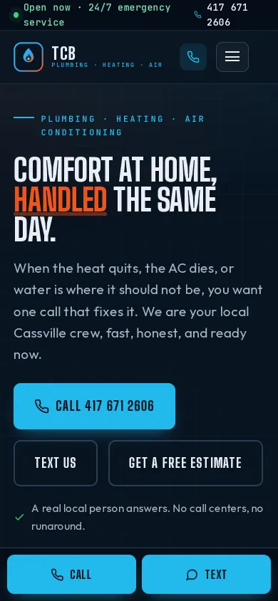 Home page of the TCB Plumbing, Heating and Air website on a phone
