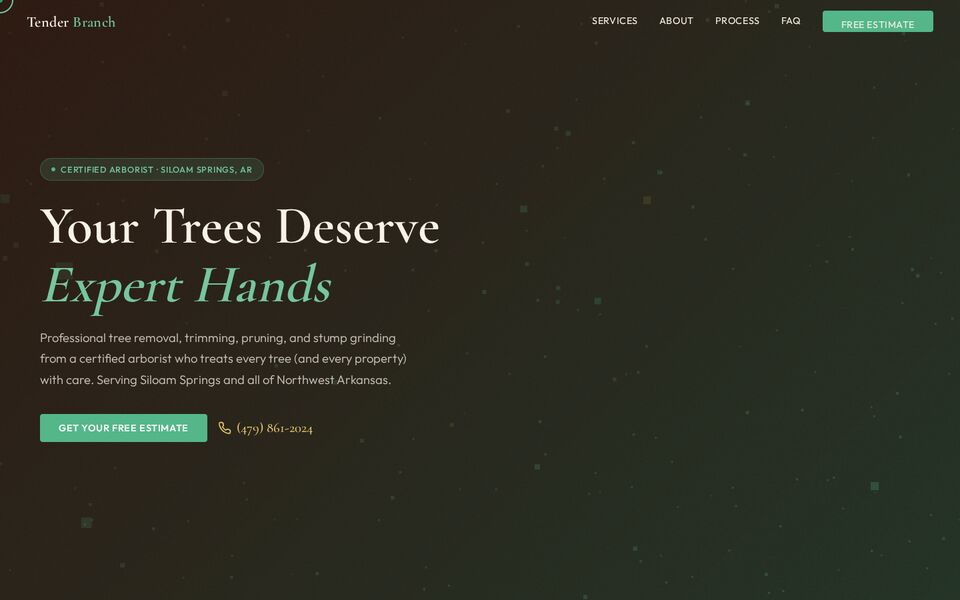 Home page of the Tender Branch Tree Service website on a desktop screen