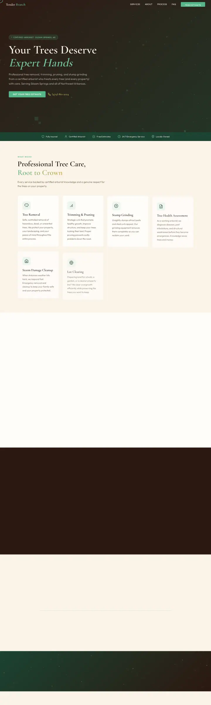 Home page of the Tender Branch Tree Service website shown as one full page from top to bottom