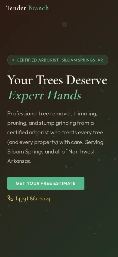 Home page of the Tender Branch Tree Service website on a phone