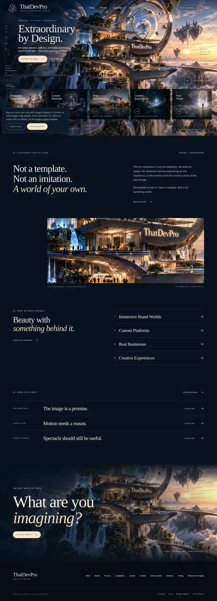 Home page of the ThatDevPro website shown as one full page from top to bottom