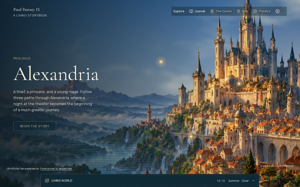 Home page of the Alexandria: A Living Storybook website on a desktop screen
