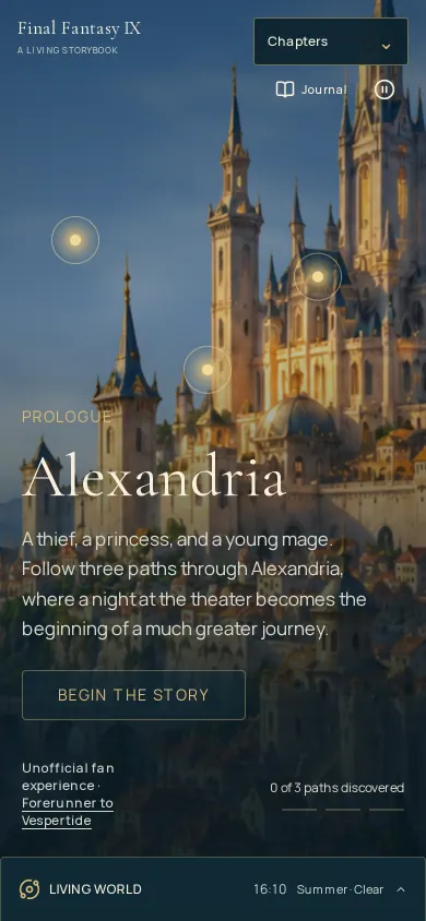 Home page of the Alexandria: A Living Storybook website on a phone