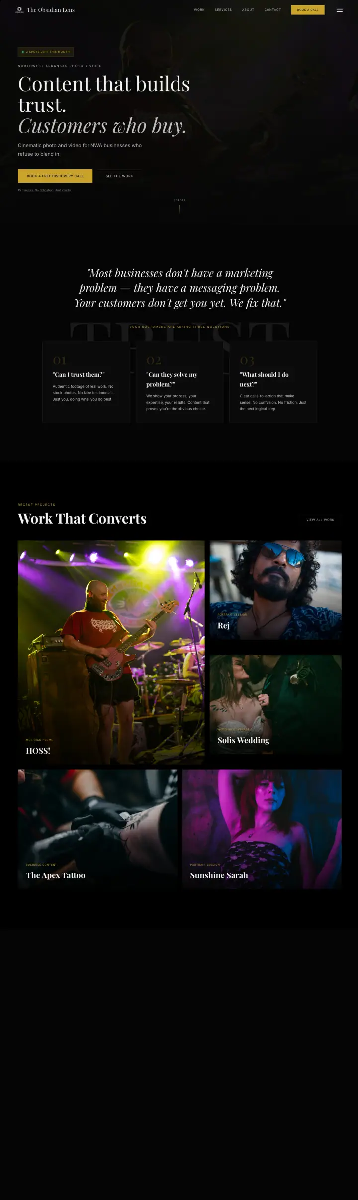 Home page of the The Obsidian Lens website shown as one full page from top to bottom