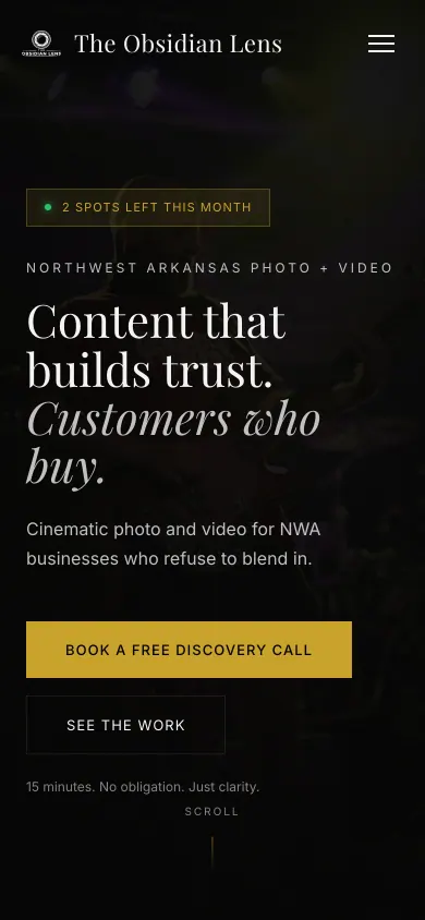 Home page of the The Obsidian Lens website on a phone