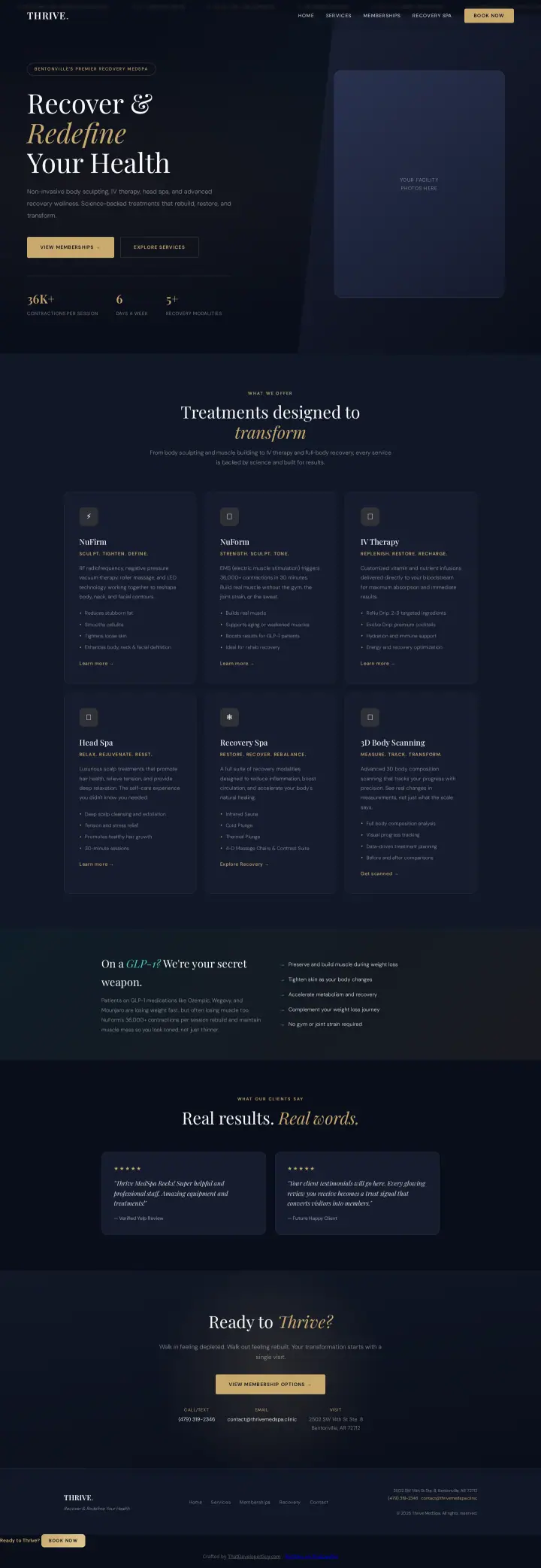 Home page of the Thrive MedSpa website shown as one full page from top to bottom