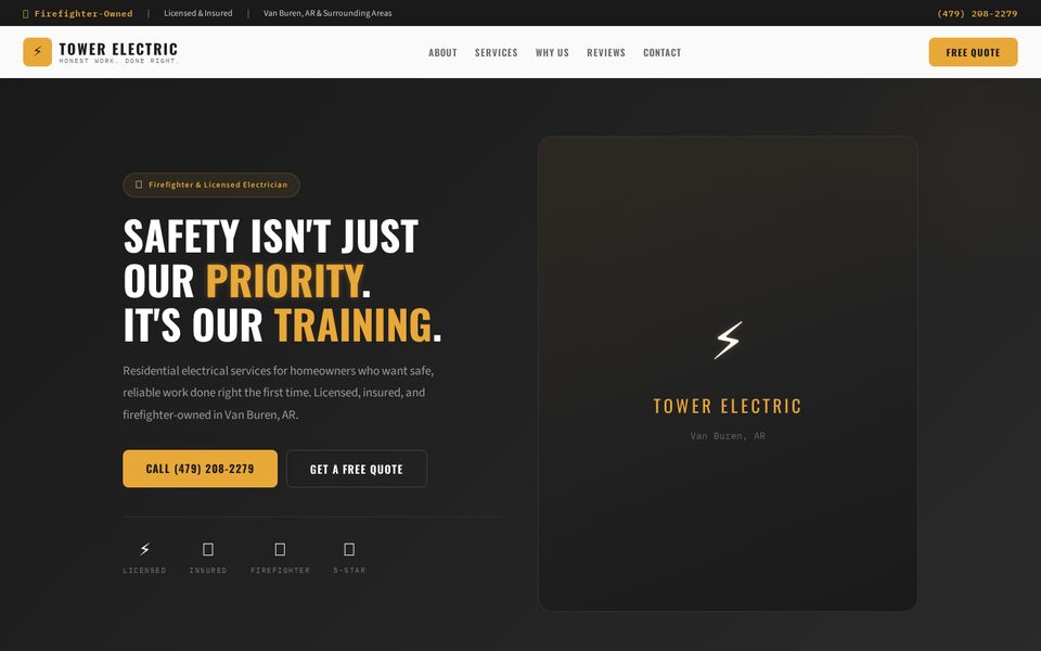 Home page of the Tower Electric website on a desktop screen