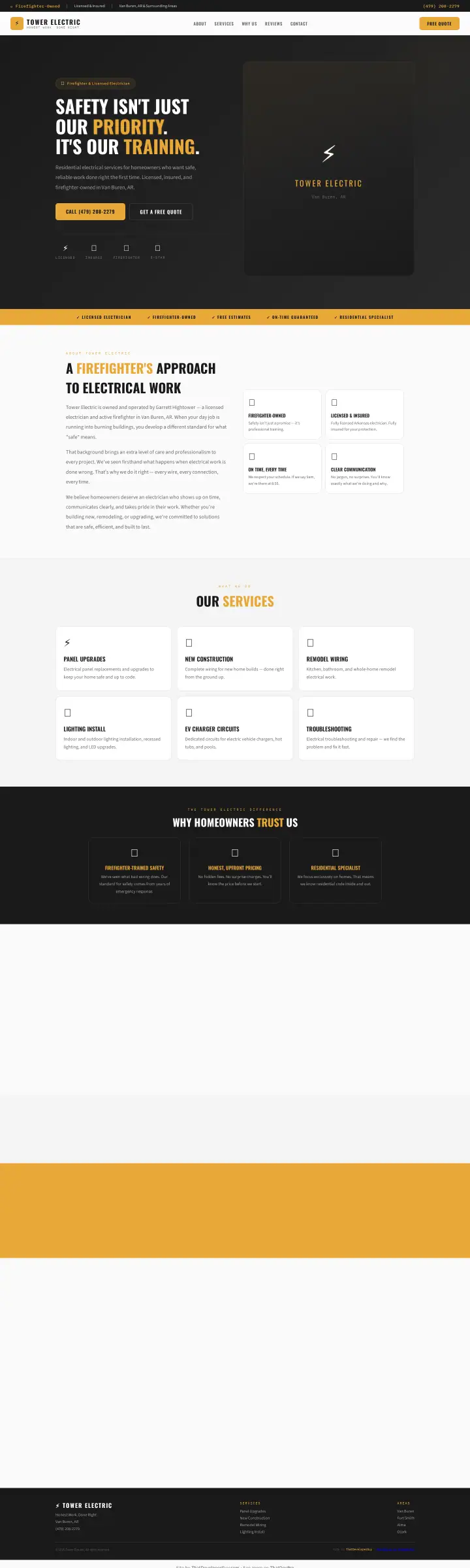 Home page of the Tower Electric website shown as one full page from top to bottom