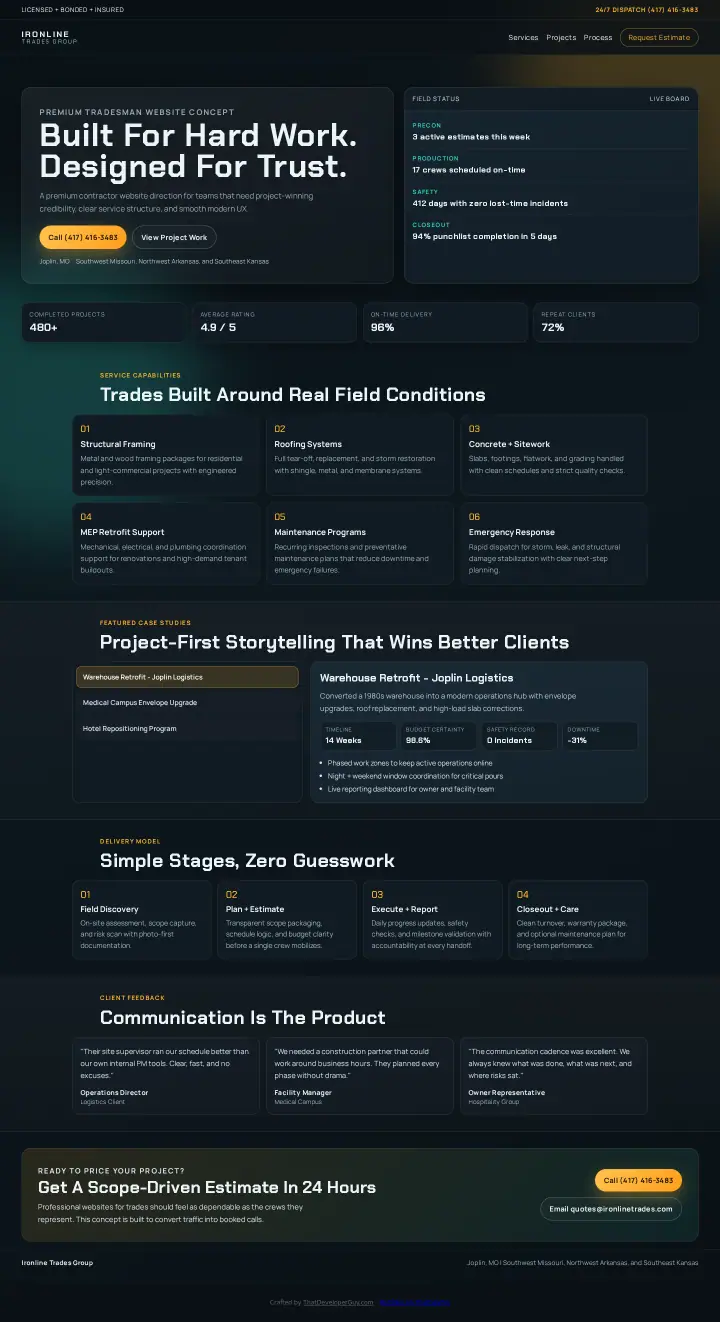 Home page of the Tradesman study website shown as one full page from top to bottom