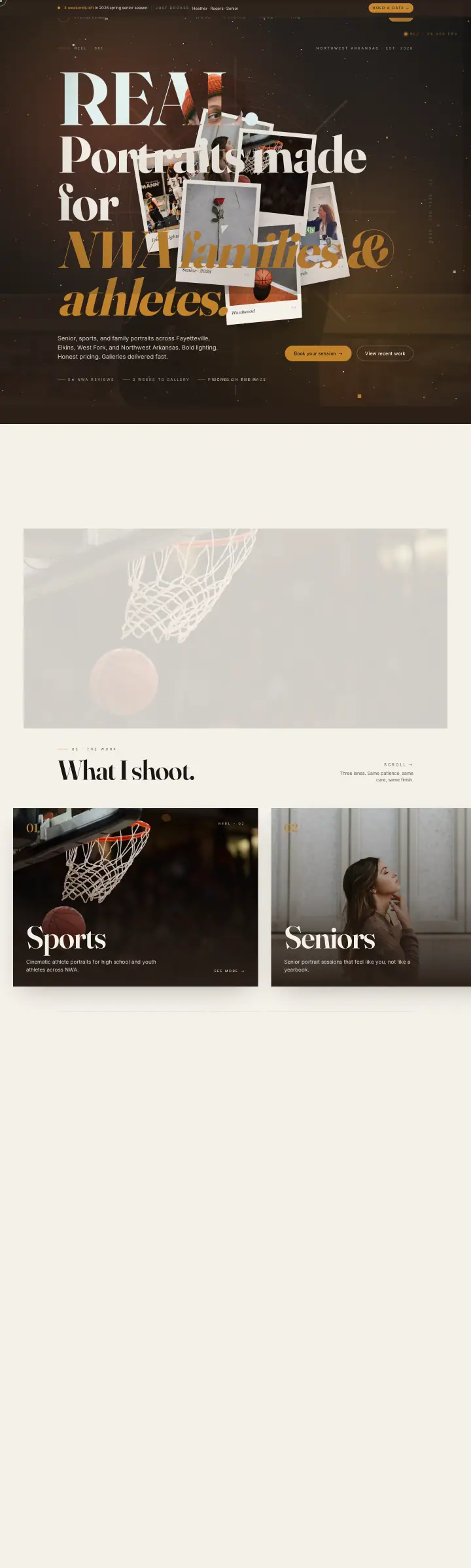 Home page of the Trevel Young Photography website shown as one full page from top to bottom
