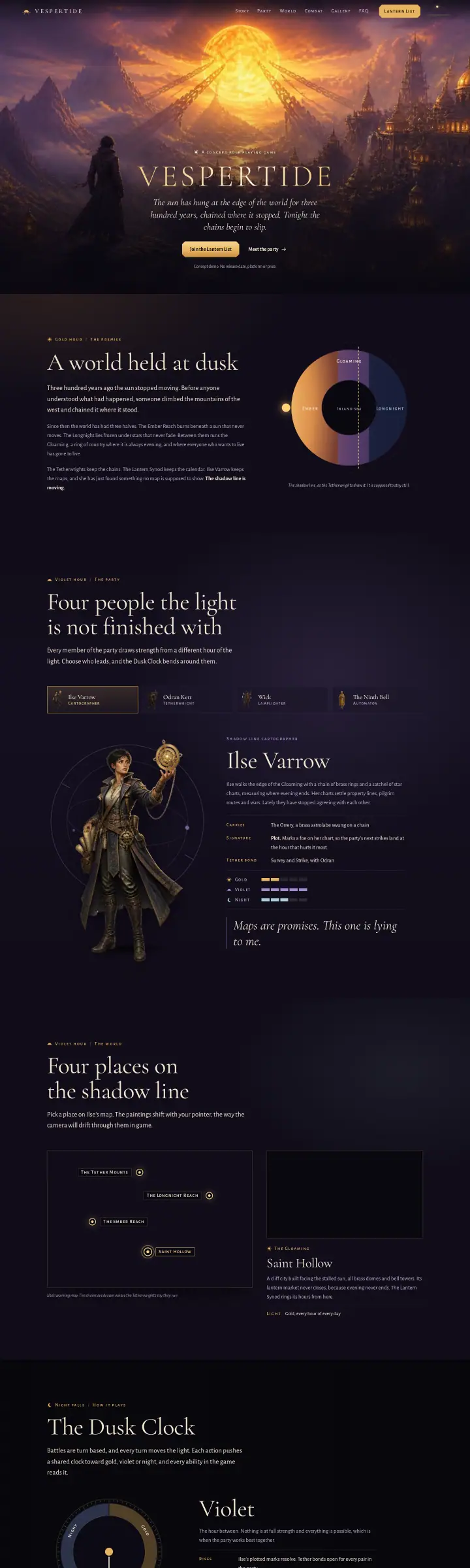 Home page of the Vespertide website shown as one full page from top to bottom