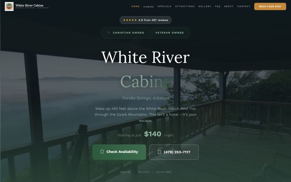 Home page of the White River Cabins website on a desktop screen