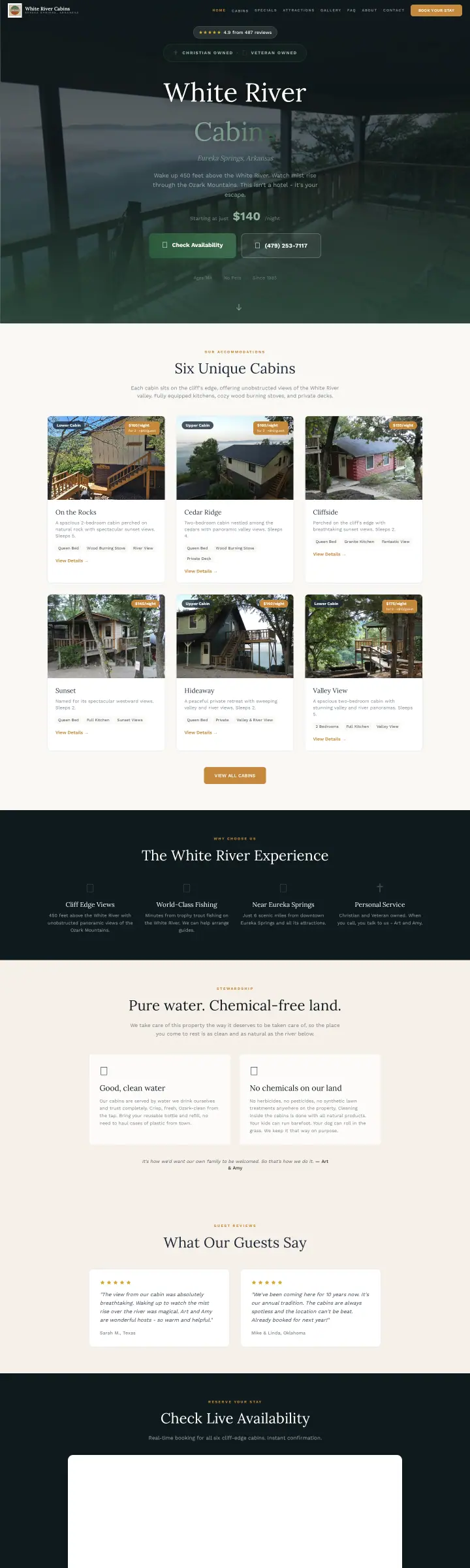 Home page of the White River Cabins website shown as one full page from top to bottom