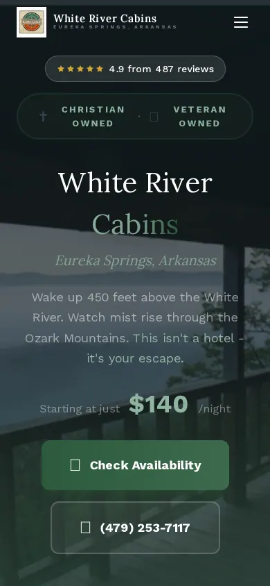 Home page of the White River Cabins website on a phone