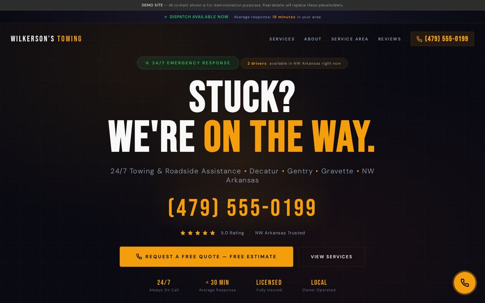 Home page of the Wilkerson's Towing website on a desktop screen