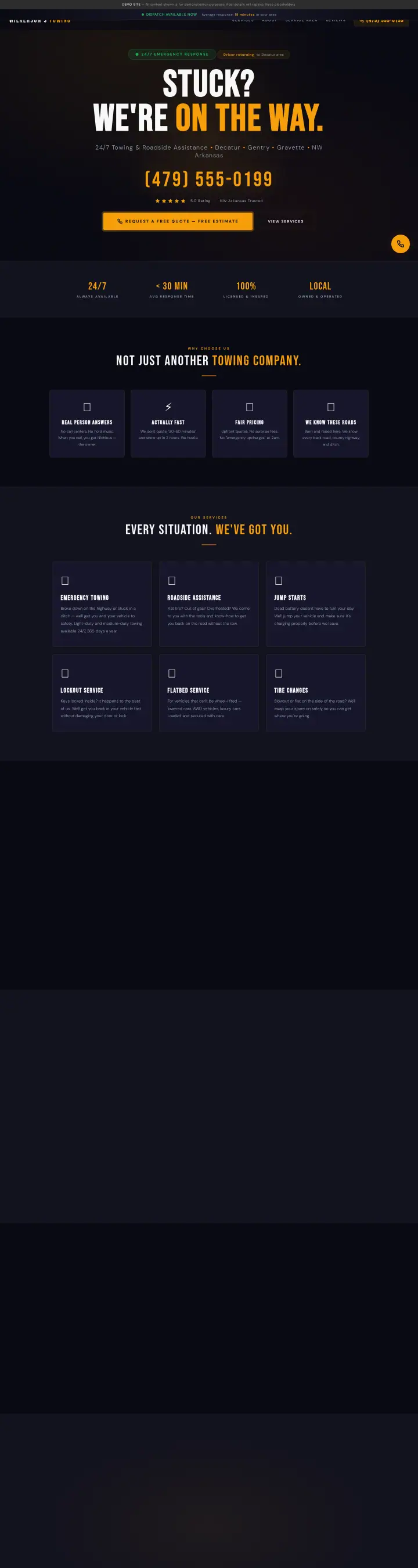 Home page of the Wilkerson's Towing website shown as one full page from top to bottom