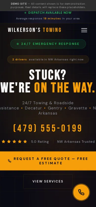 Home page of the Wilkerson's Towing website on a phone