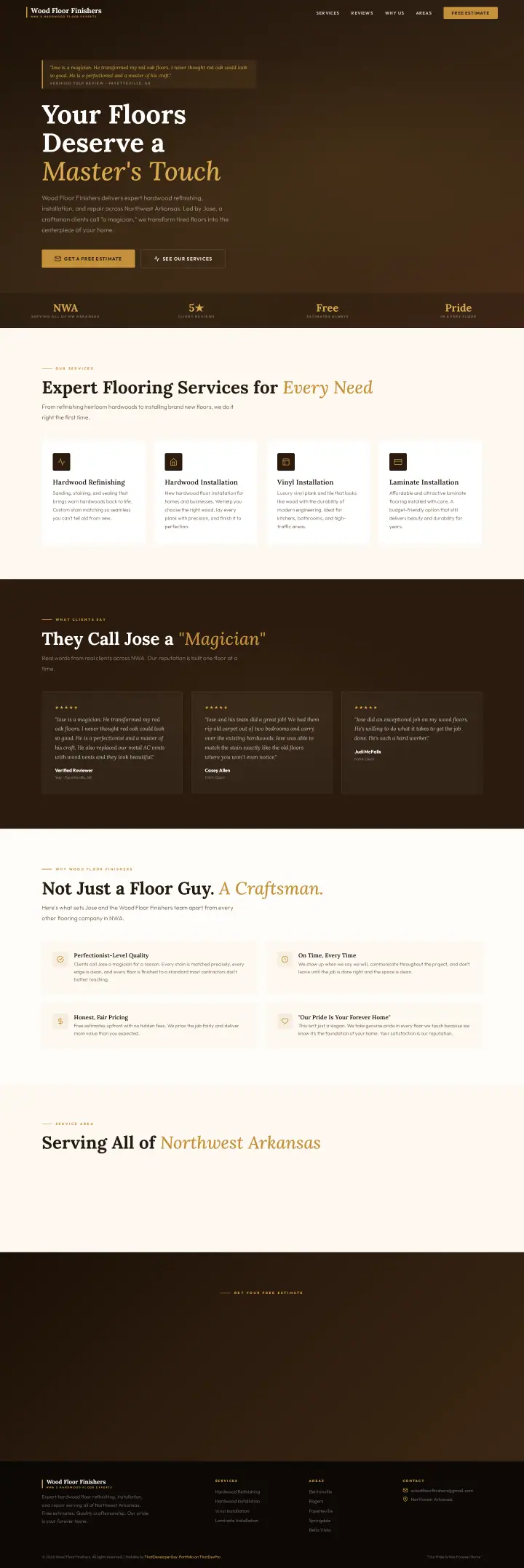 Home page of the Wood Floor Finishers website shown as one full page from top to bottom