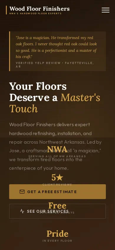 Home page of the Wood Floor Finishers website on a phone