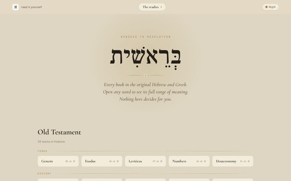 Home page of the The text, word by word website on a desktop screen