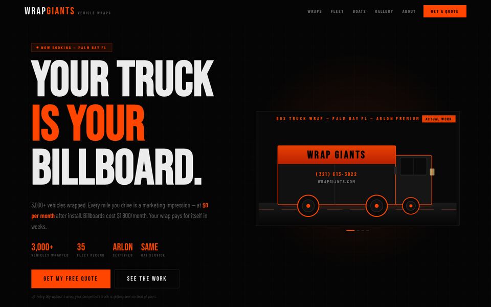 Home page of the Wrap Giants Vehicle Wraps website on a desktop screen