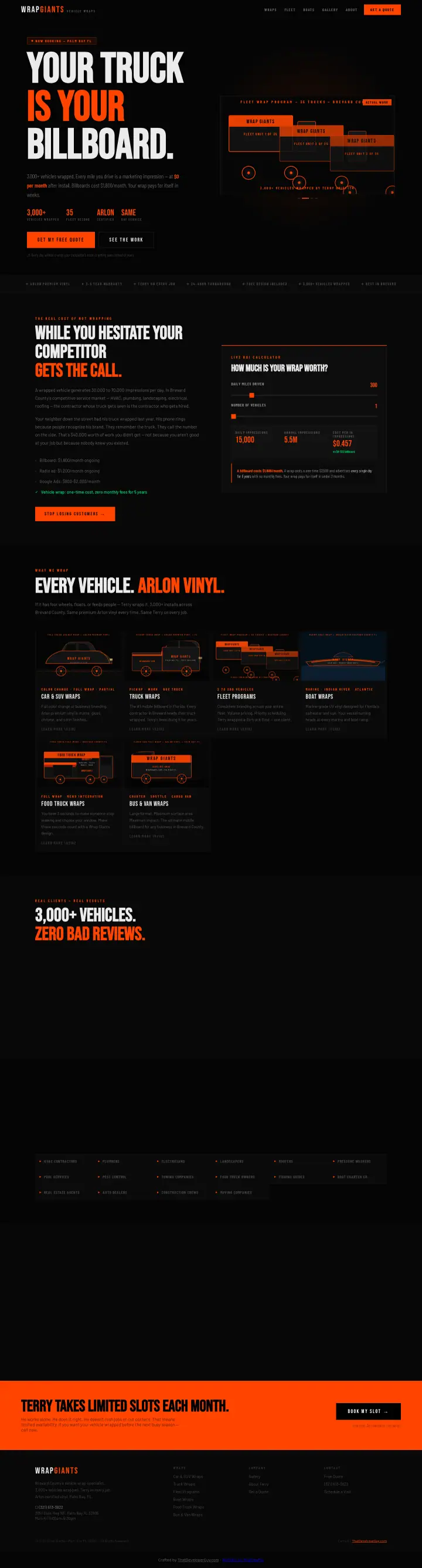 Home page of the Wrap Giants Vehicle Wraps website shown as one full page from top to bottom