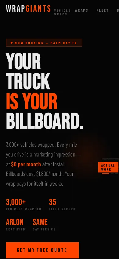 Home page of the Wrap Giants Vehicle Wraps website on a phone
